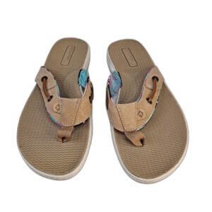 Sperry Seafish Flip Flop STS87295 Womens 7.5M Beige Leather/Fabric Thong Sandals